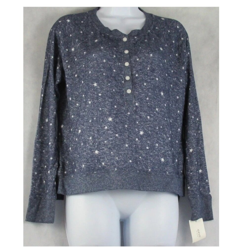 Alfani Women's Long-Sleeve Hacci Henley Pajama Top T-Shirt, Blue Stars
